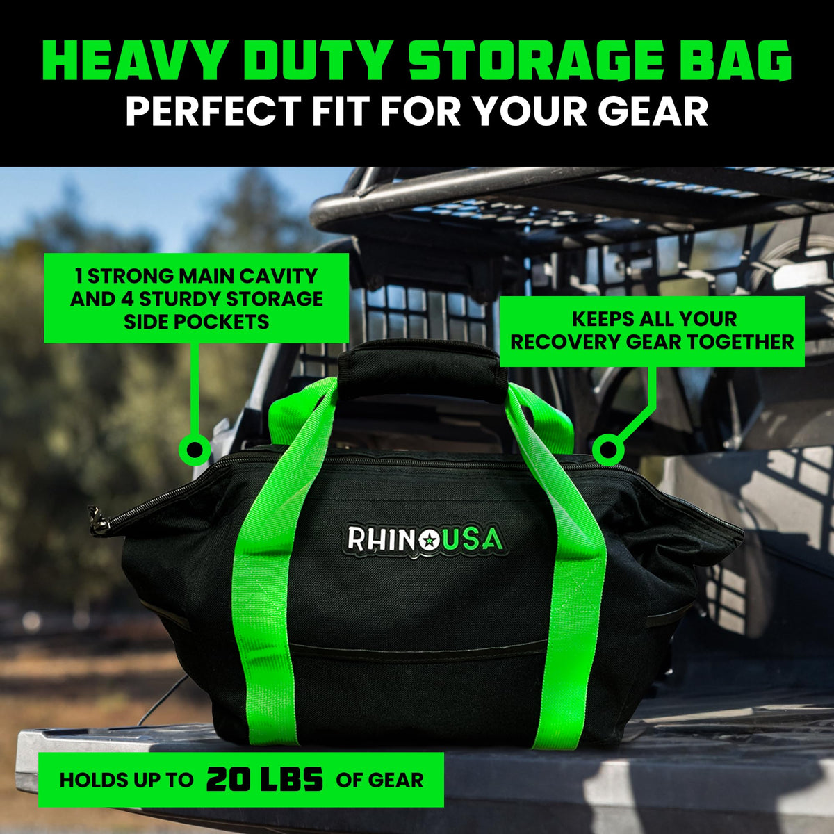 Rhino USA open interior with dividers organizing shackles, straps and tools for fast access