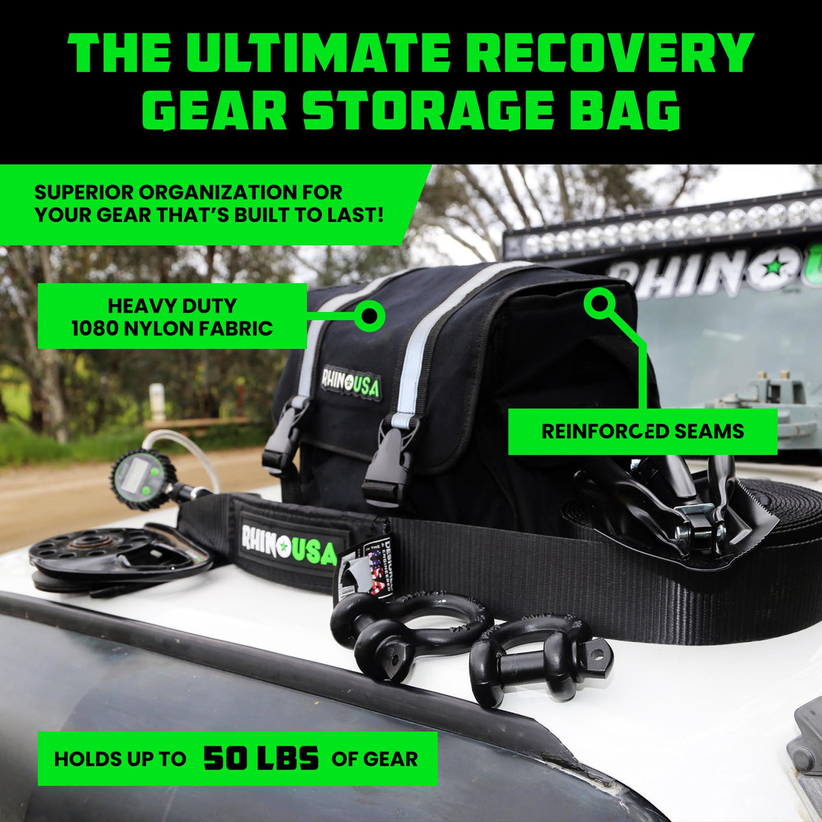 Rhino USA open bag interior with organized compartments for straps and tools for quick retrieval