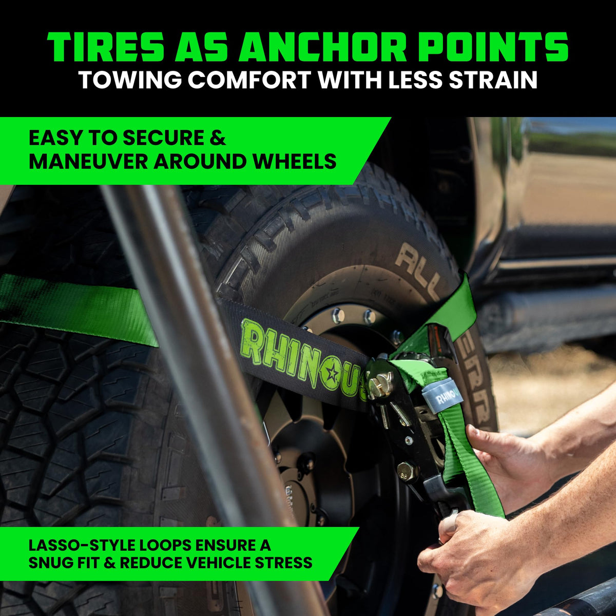 Rhino USA straps over-the-tire in use securing vehicle on trailer
