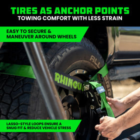 Rhino USA straps over-the-tire in use securing vehicle on trailer