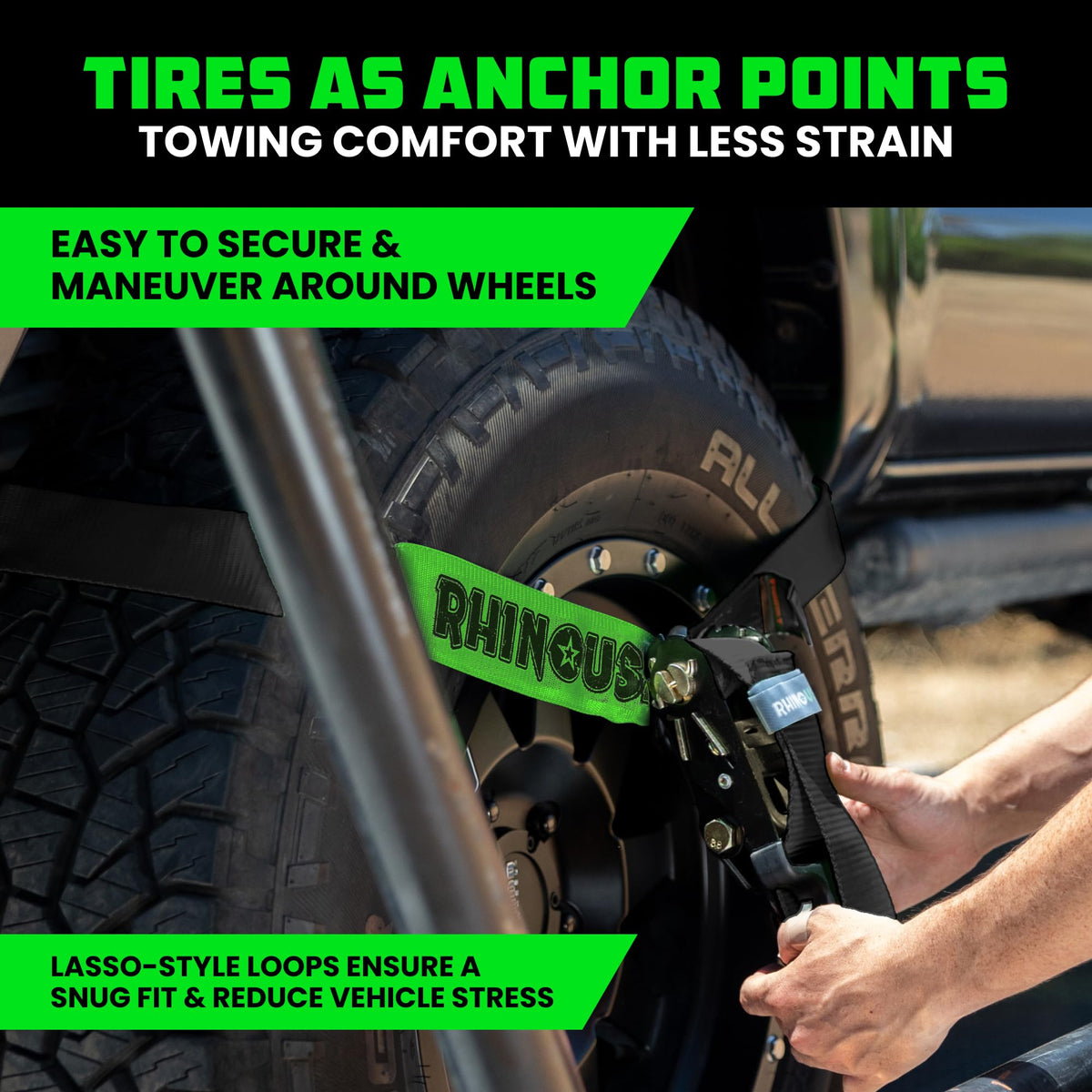 Rhino USA over-the-tire strap installed demonstrating suspension-friendly tie down