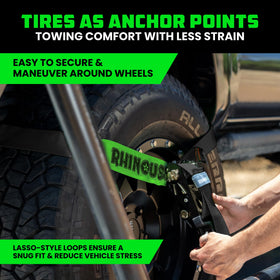 Rhino USA over-the-tire strap installed demonstrating suspension-friendly tie down