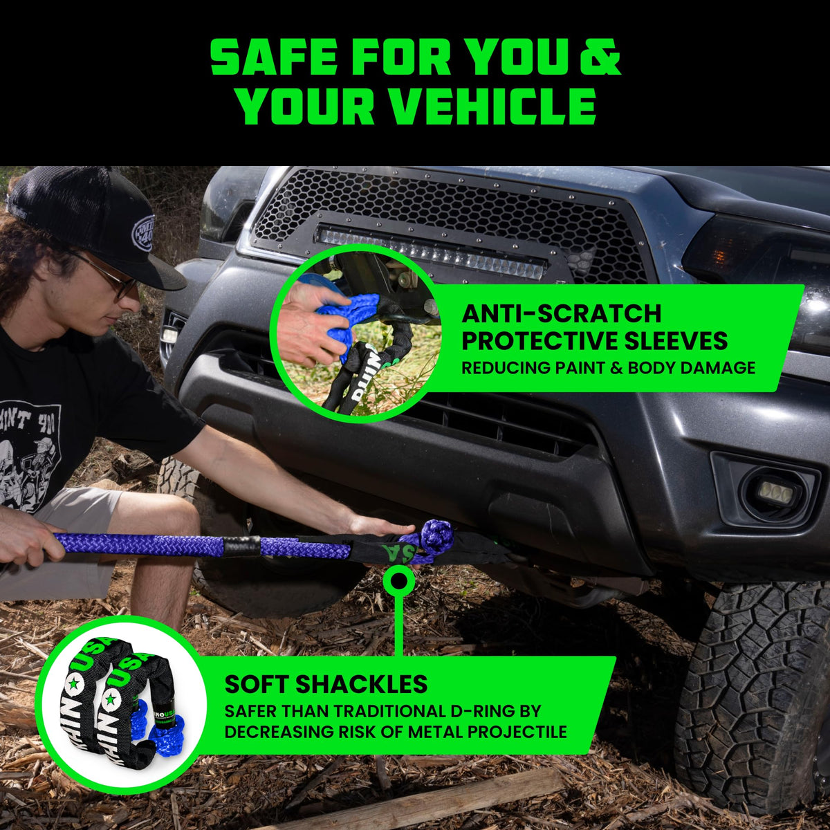 Rhino USA rope in use during vehicle recovery demonstrating controlled energy return