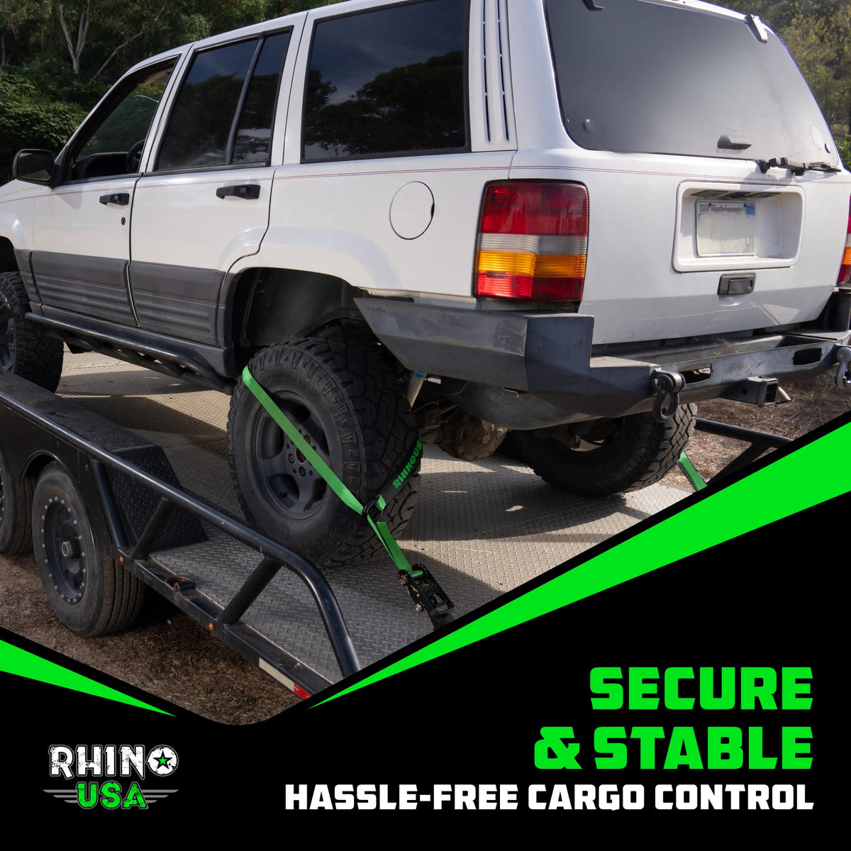 Rhino USA straps next to ruler showing 2x96 inch size and clear length reference benefit