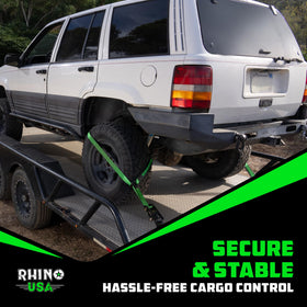 Rhino USA straps next to ruler showing 2x96 inch size and clear length reference benefit