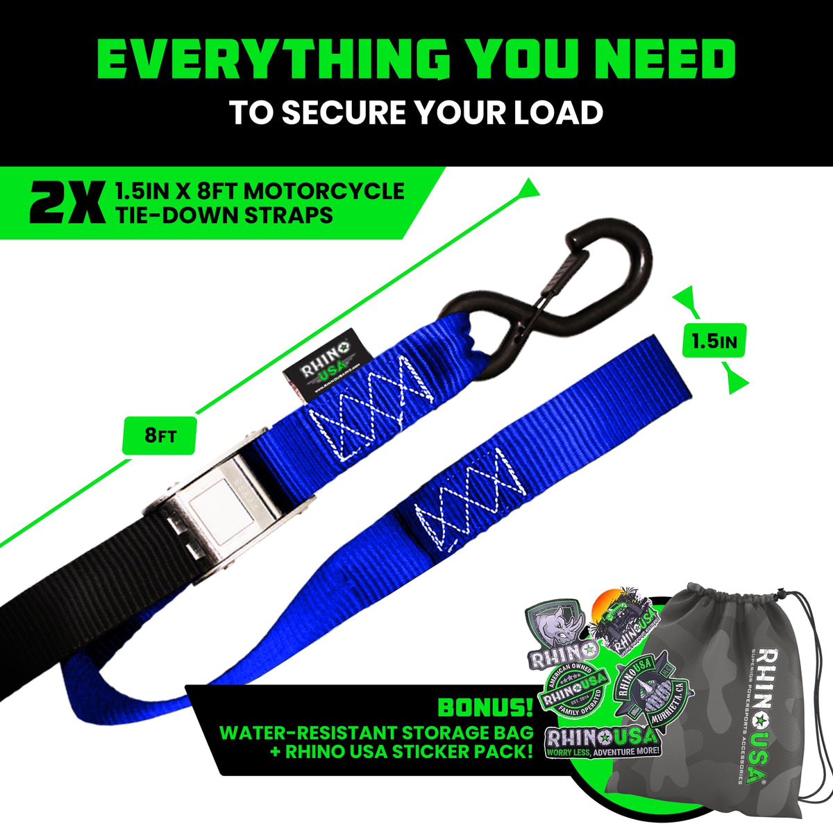 Rhino USA straps next to ruler showing length and compact storage benefit
