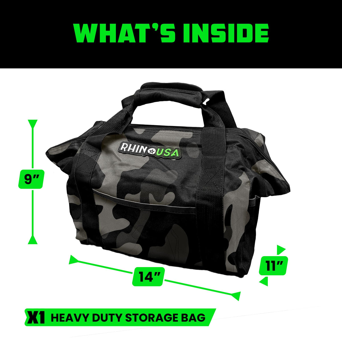 Rhino USA bag next to tools showing scale and 120 lb capacity advantage