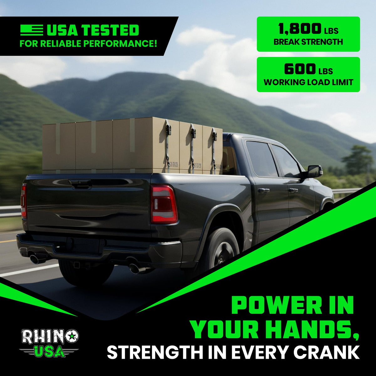 Rhino USA laid beside a tape measure showing 15ft length and compact folded size for sizing clarity benefit