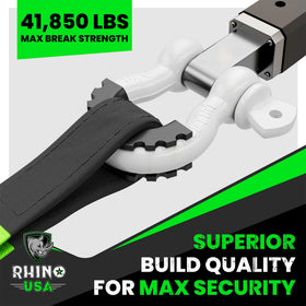 Rhino USA shackle pin closeup highlighting chromoly steel pin and secure fastening benefit