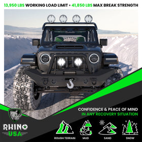 Rhino USA shackles installed on aftermarket bumper demonstrating fitment