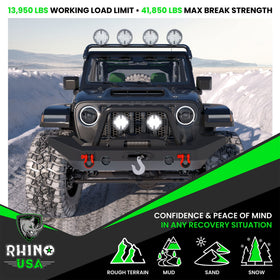 Rhino USA shackles installed on a bumper demonstrating secure recovery attachment in use