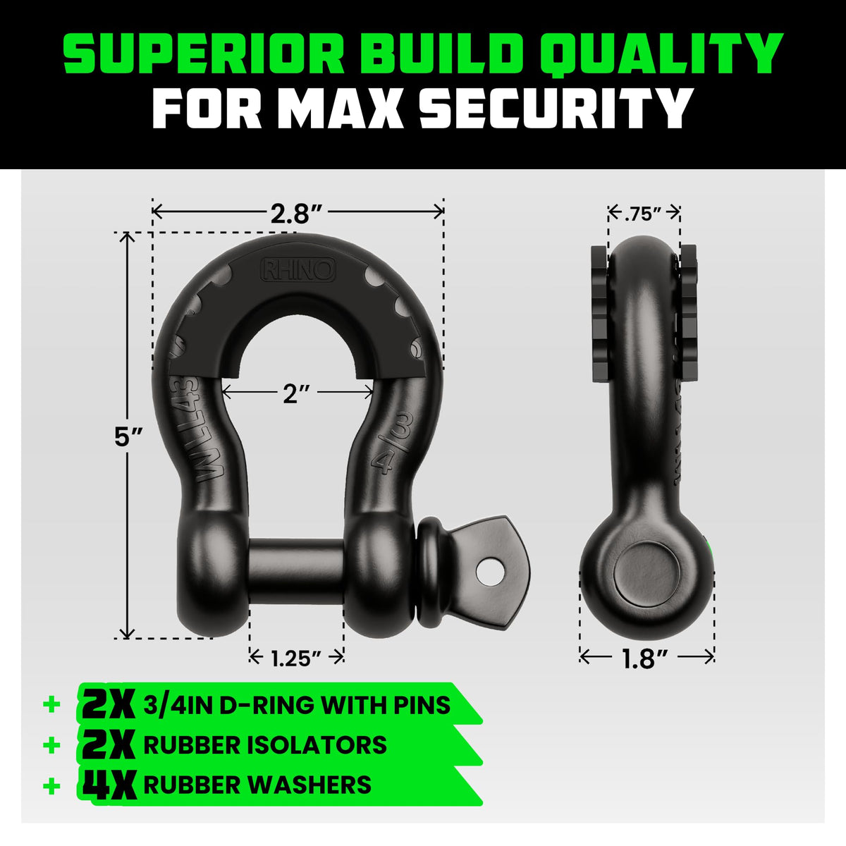 Rhino USA shackle pin and thread closeup showing secure fastening