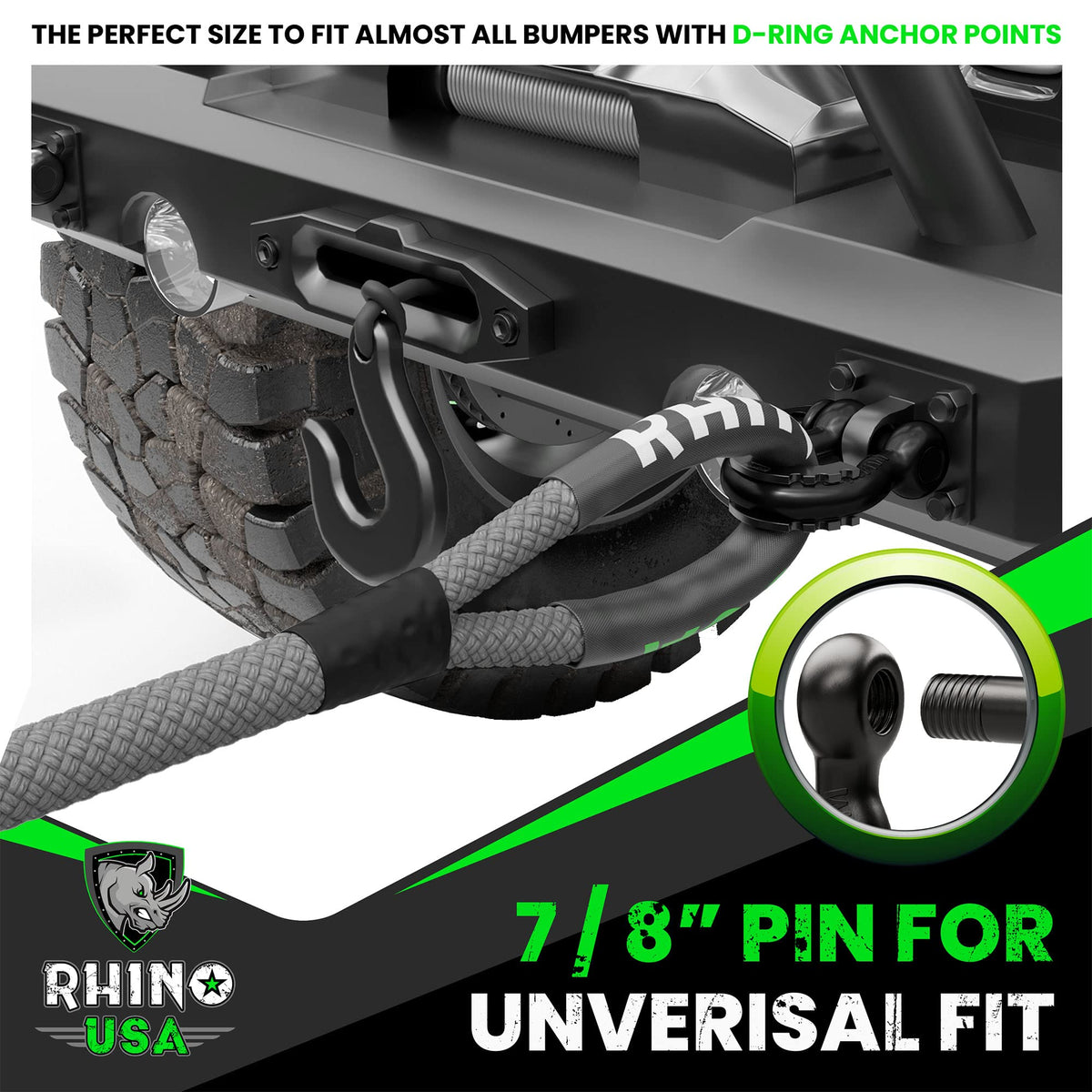 Rhino USA shackles next to measuring tape showing 1.25-inch opening