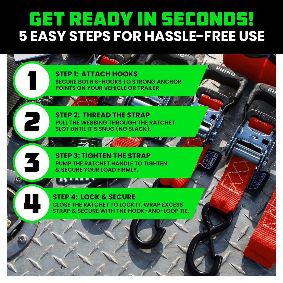 Rhino USA straps on trailer for scale and securement reassurance