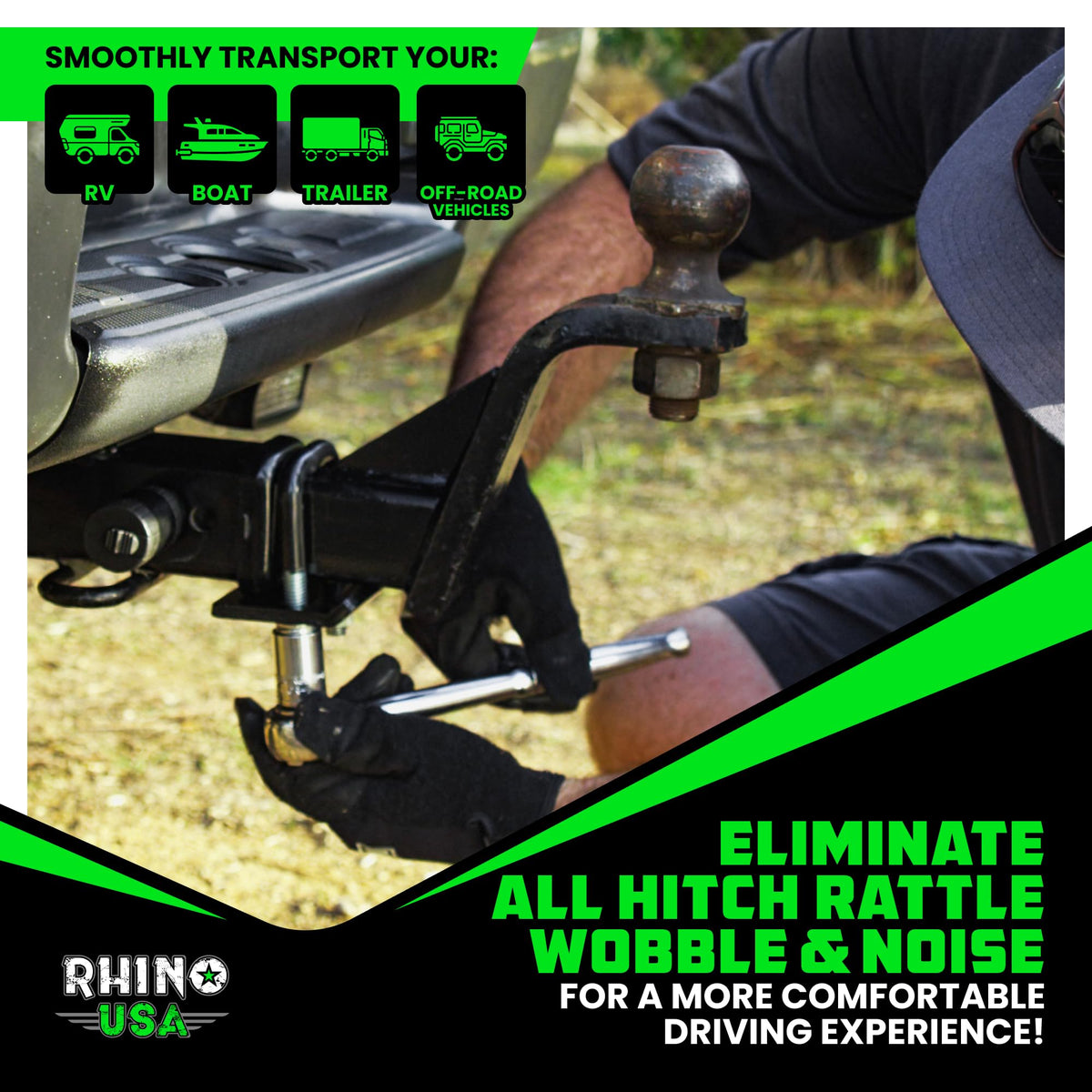Rhino USA size comparison beside hitch pin showing scale for easy fitting