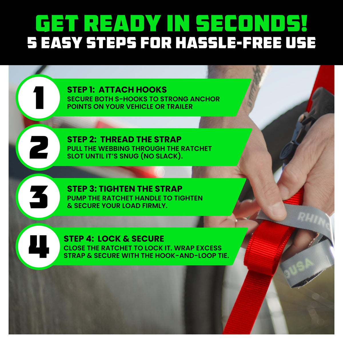 Rhino USA straps next to measuring tape showing 1 inch by 15 feet scale