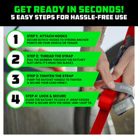 Rhino USA straps next to measuring tape showing 1 inch by 15 feet scale