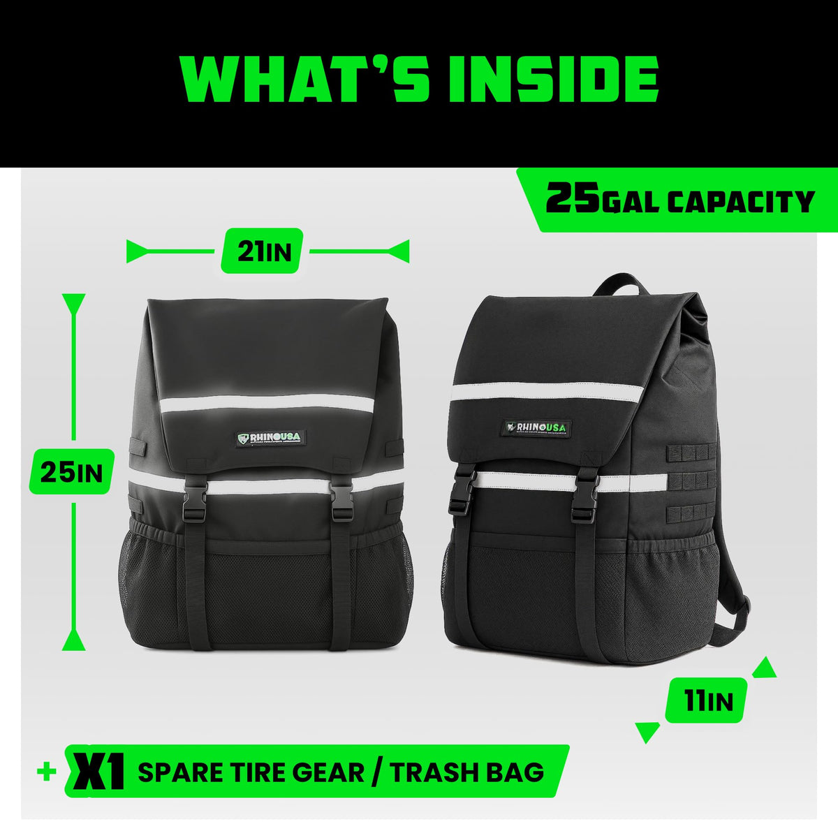 Rhino USA bag beside ruler showing fit up to 40 inch tire for scale