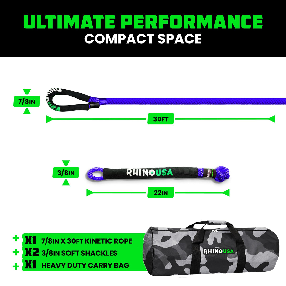 Rhino USA rope beside a hand for scale showing compact portability benefit
