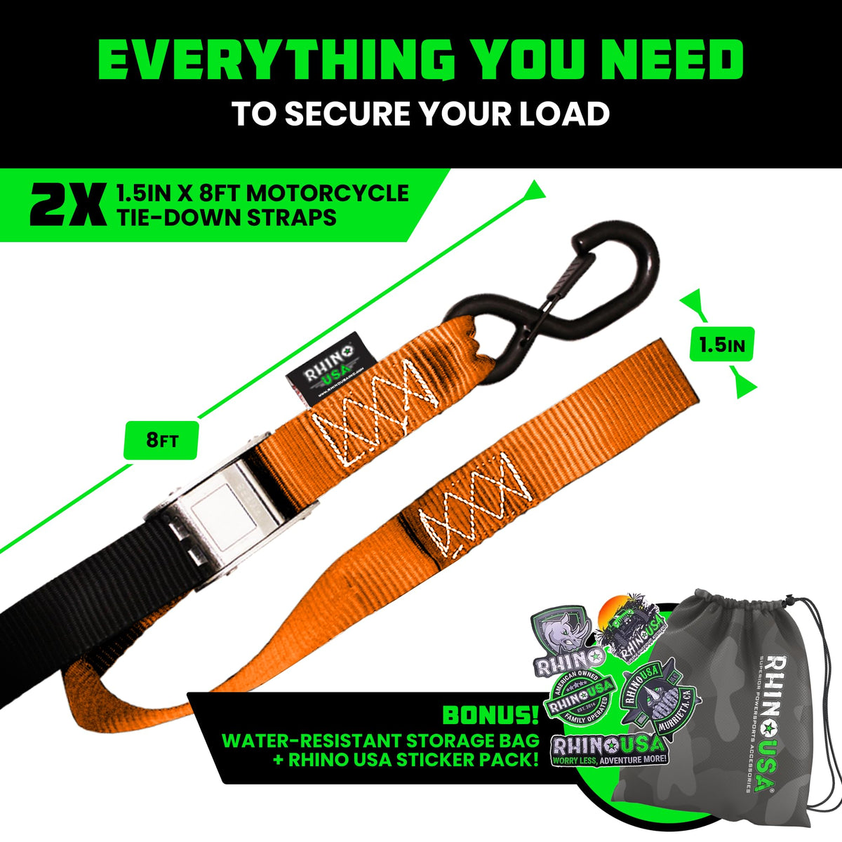 Rhino USA straps beside a hand to show length and scale for quick gear planning