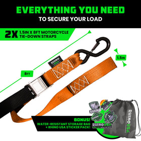 Rhino USA straps beside a hand to show length and scale for quick gear planning