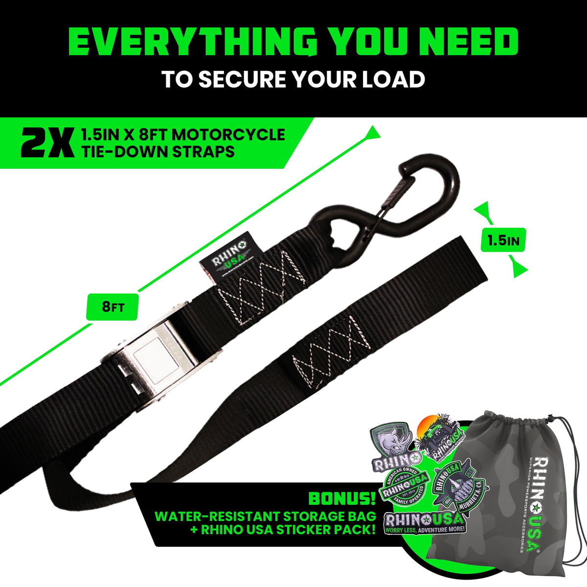Rhino USA strap held by hand for scale showing compact size and easy storage convenience