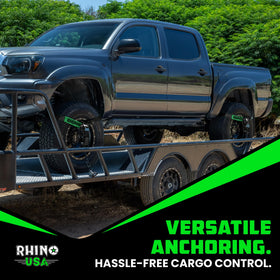 Rhino USA straps laid beside tape measure showing 96-inch length and scale