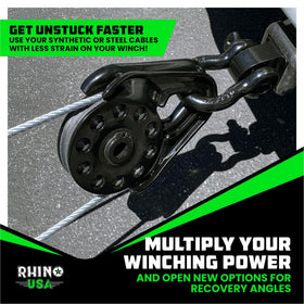 Rhino USA close-up of aerospace polymer sheave, reducing rope abrasion and friction