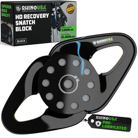 Rhino USA snatch block front view showing robust frame and sheave, built for durability