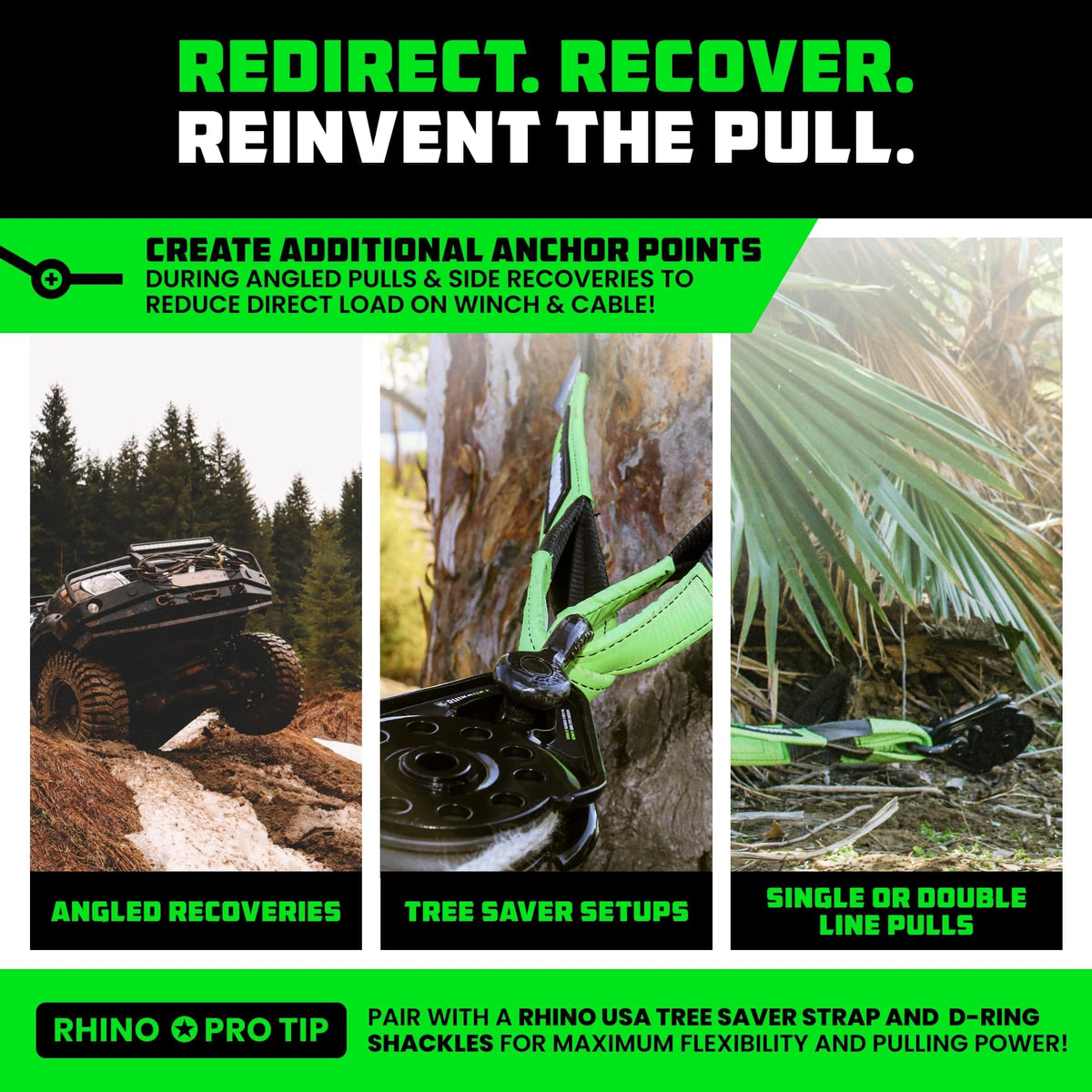 Rhino USA snatch block mounted during vehicle recovery, improving winch pulling power