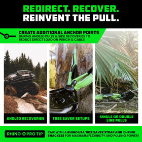 Rhino USA snatch block mounted during vehicle recovery, improving winch pulling power