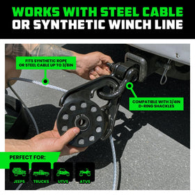 Rhino USA rope running through sheave, protecting synthetic rope and lowering heat