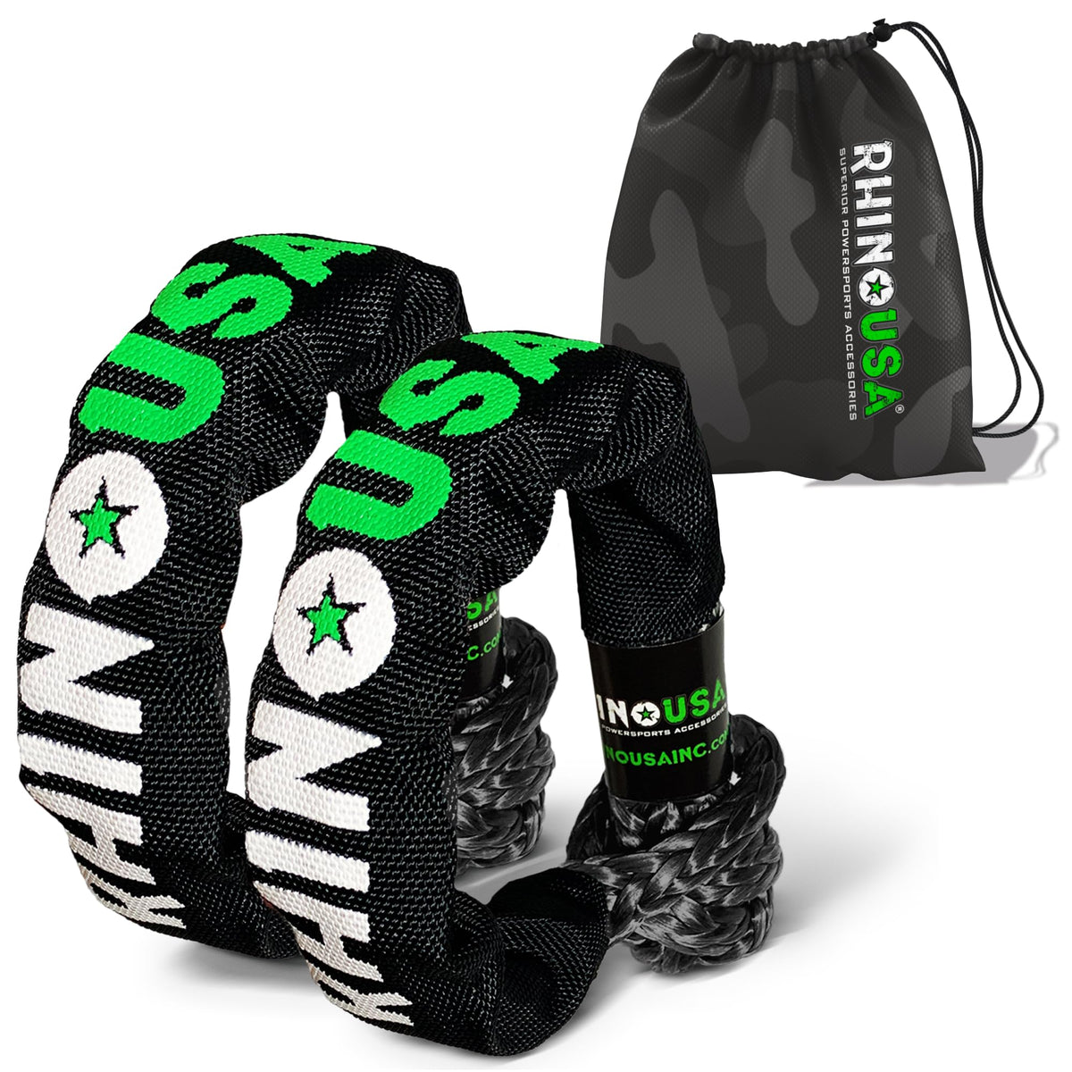 Rhino USA front packaging showing two soft shackles and 44,050 lb rating benefit