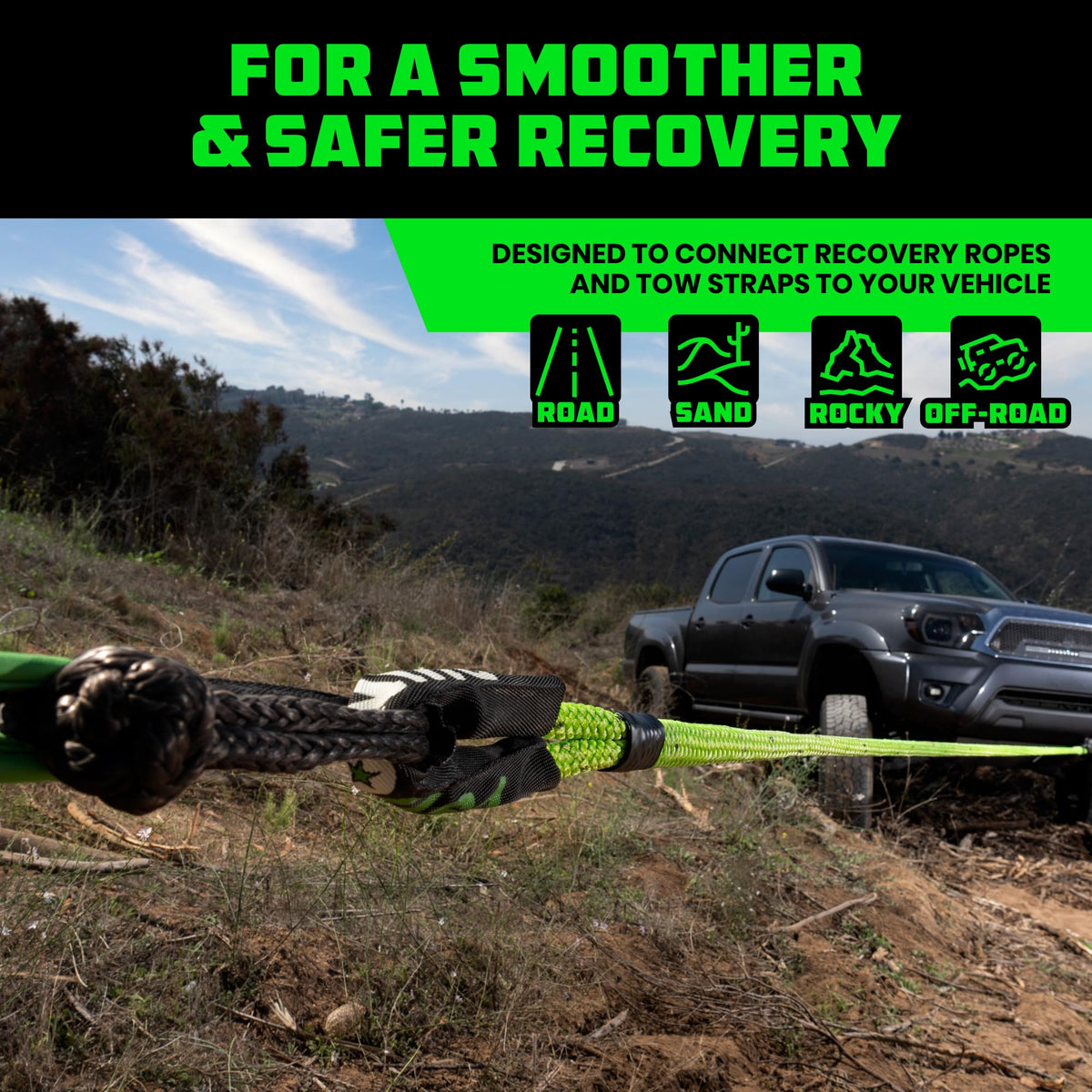 Rhino USA soft shackle attached during vehicle recovery enabling simpler rigging