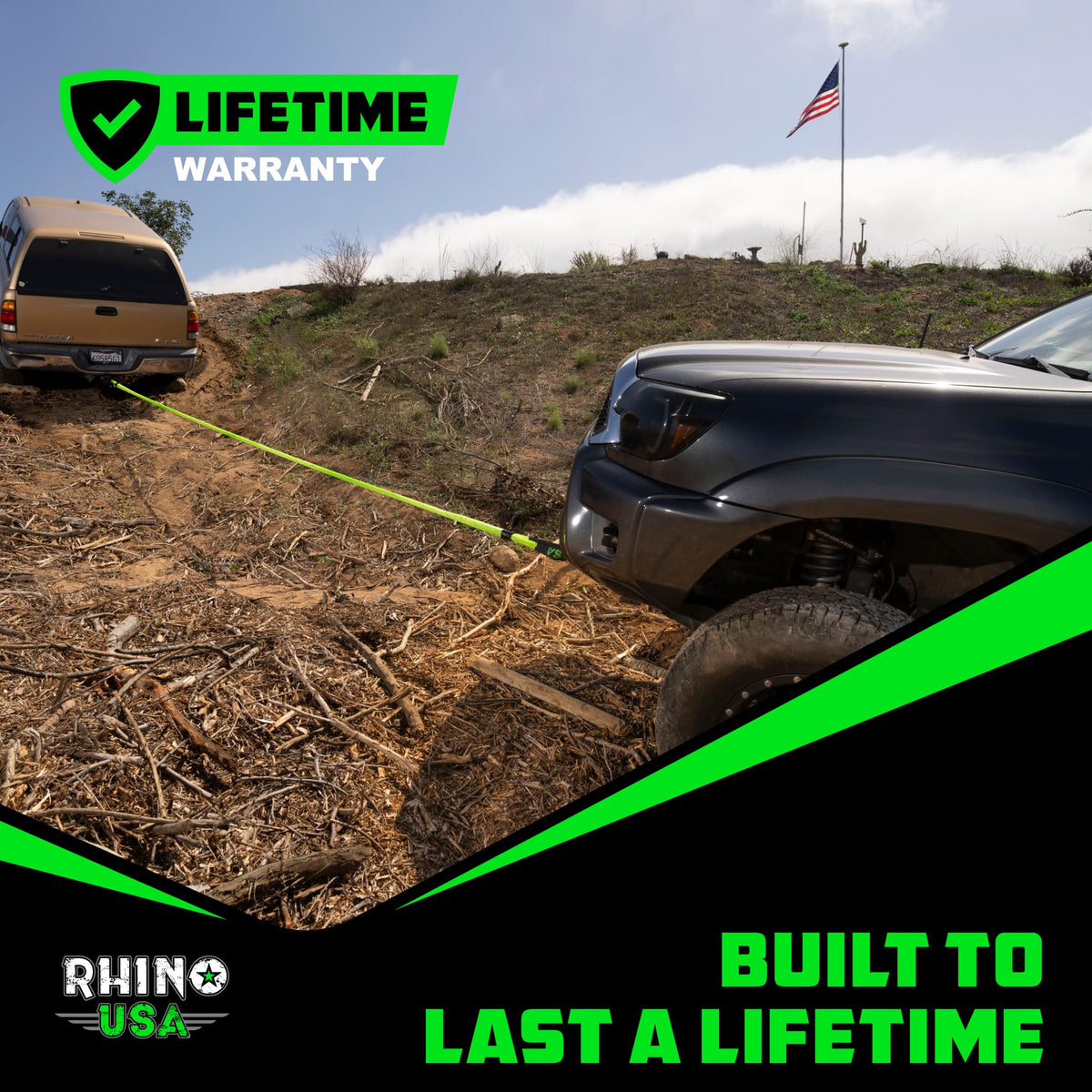 Rhino USA soft shackle used on an offroad truck showing durable field performance