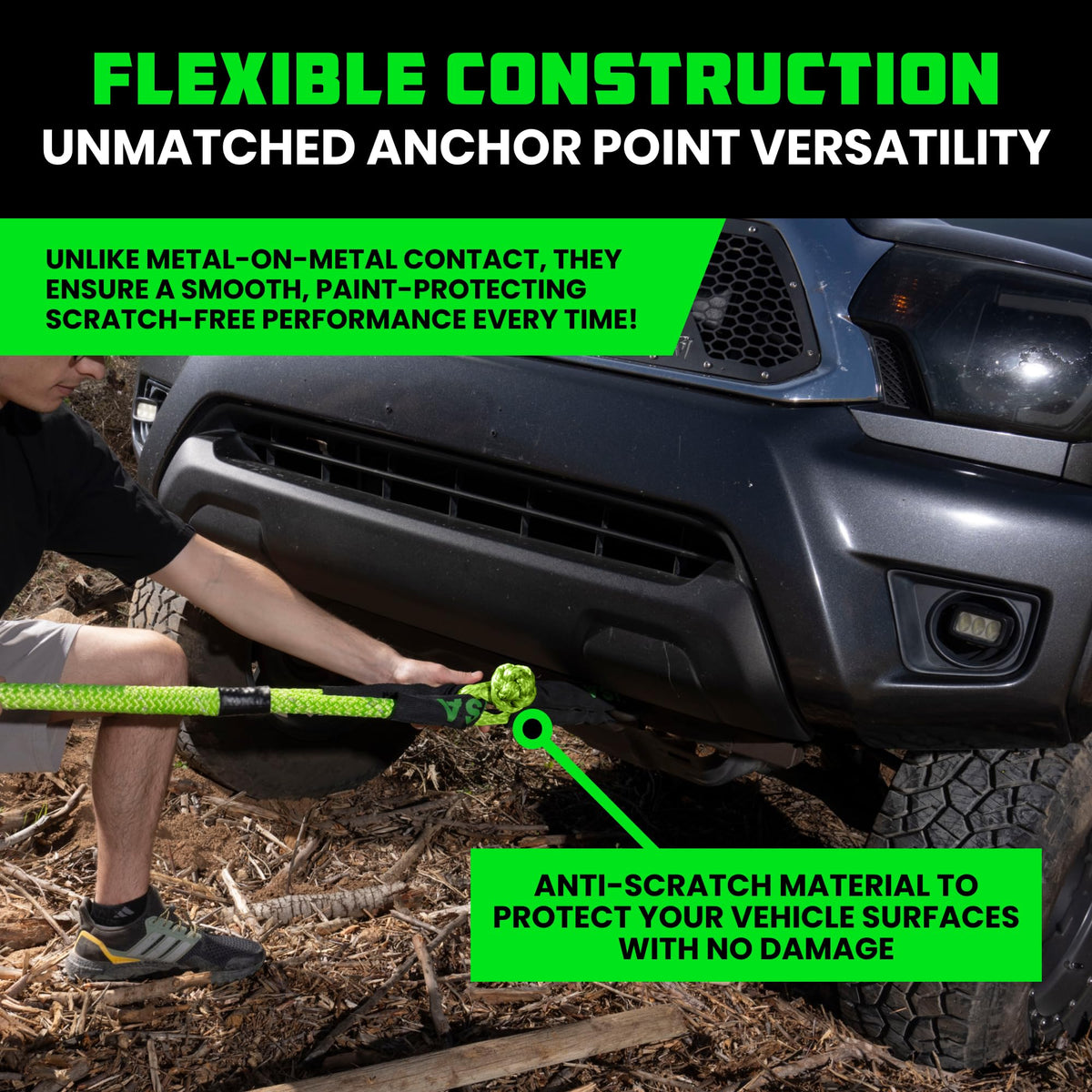 Rhino USA shackle looped through tow hook on vehicle, demonstrates secure attachment