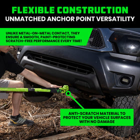 Rhino USA shackle looped through tow hook on vehicle, demonstrates secure attachment