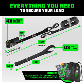 Rhino USA straps securing a motorcycle showing stable load transport benefit