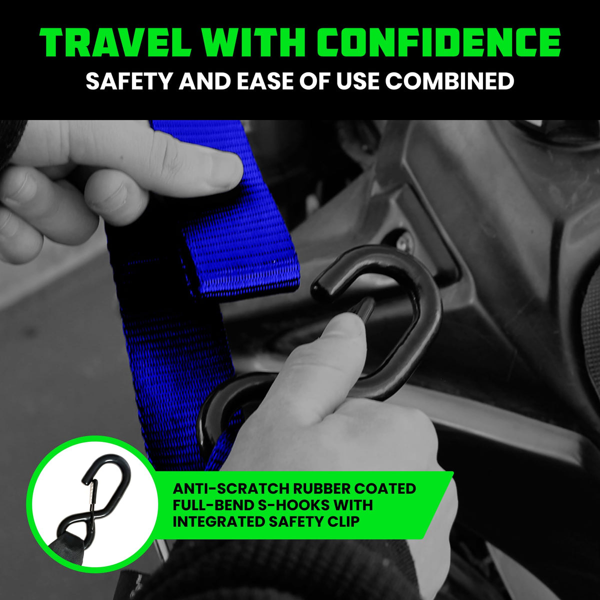 Rhino USA straps securing a motorcycle on a trailer showing safe transport benefit