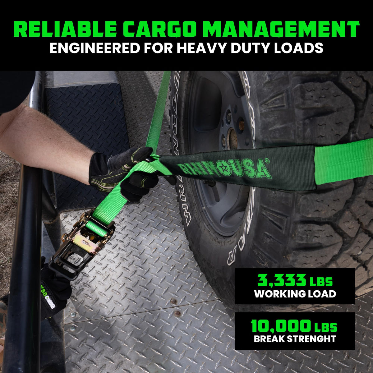 Rhino USA t-handle ratchet mechanism displaying ergonomic grip and easy tensioning benefit
