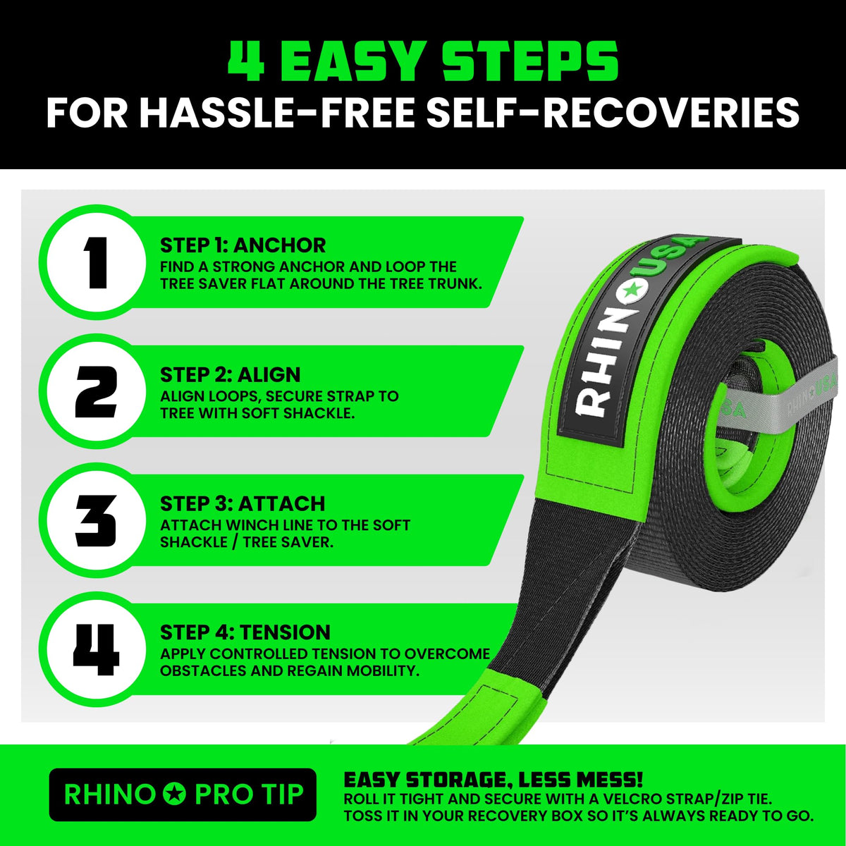 Rhino USA strap connected to a winch hook, provides a high-strength safe recovery link