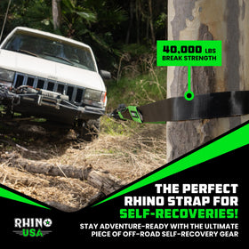 Rhino USA lifestyle shot on trail with vehicle, demonstrates practical off-road recovery use