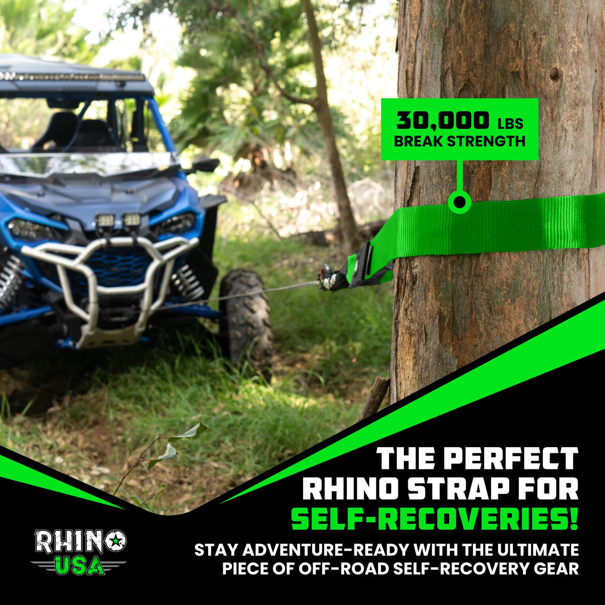 Rhino USA strap in a trail recovery scene showing reliable off-road use