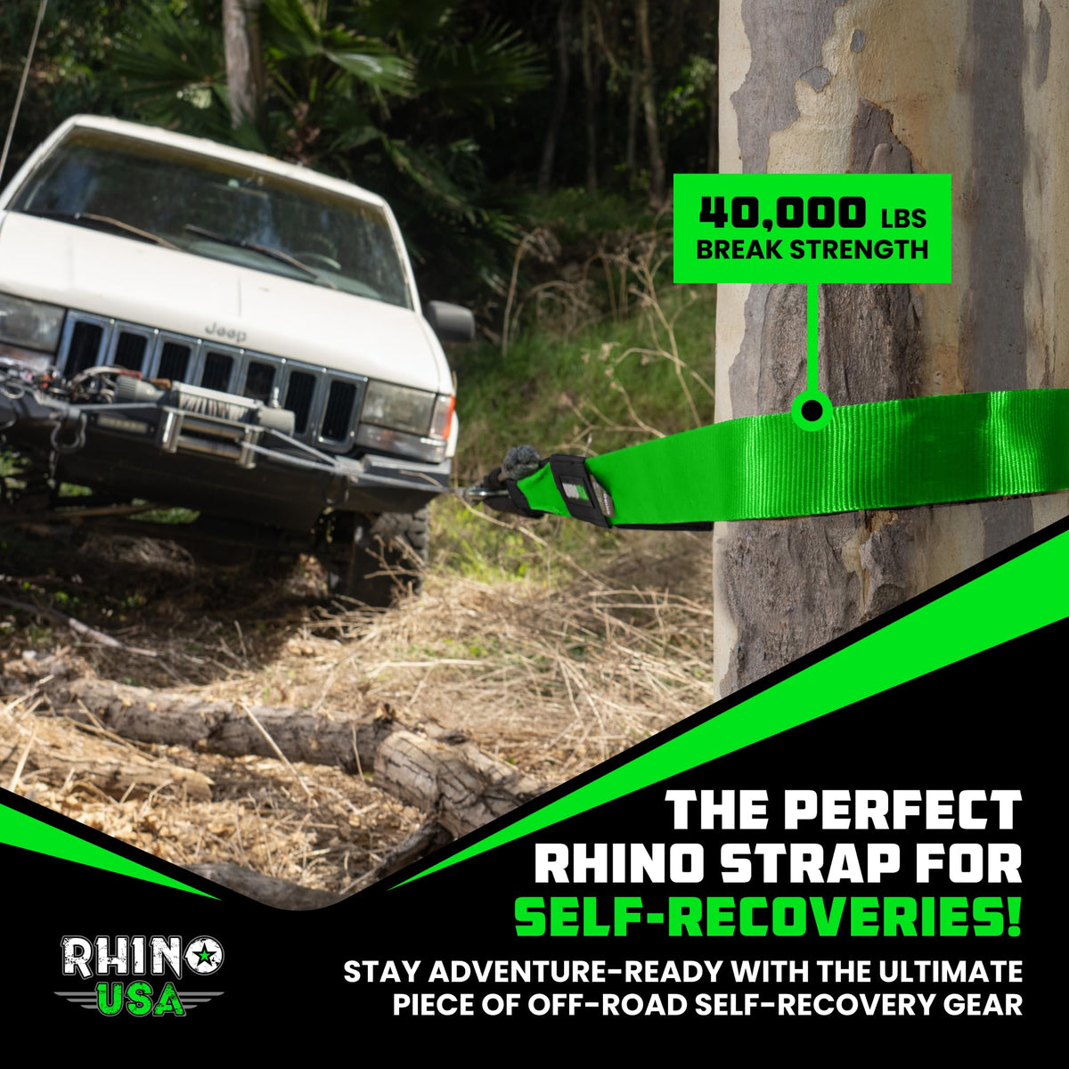 Rhino USA strap in off-road recovery scene showing practical field use