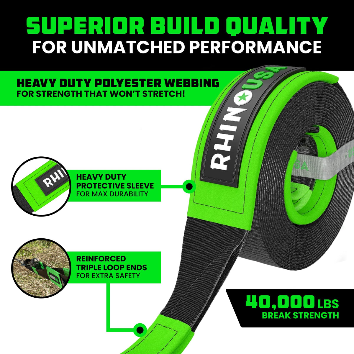 Rhino USA reinforced loop end detail with heavy stitching, prevents wear at connection points