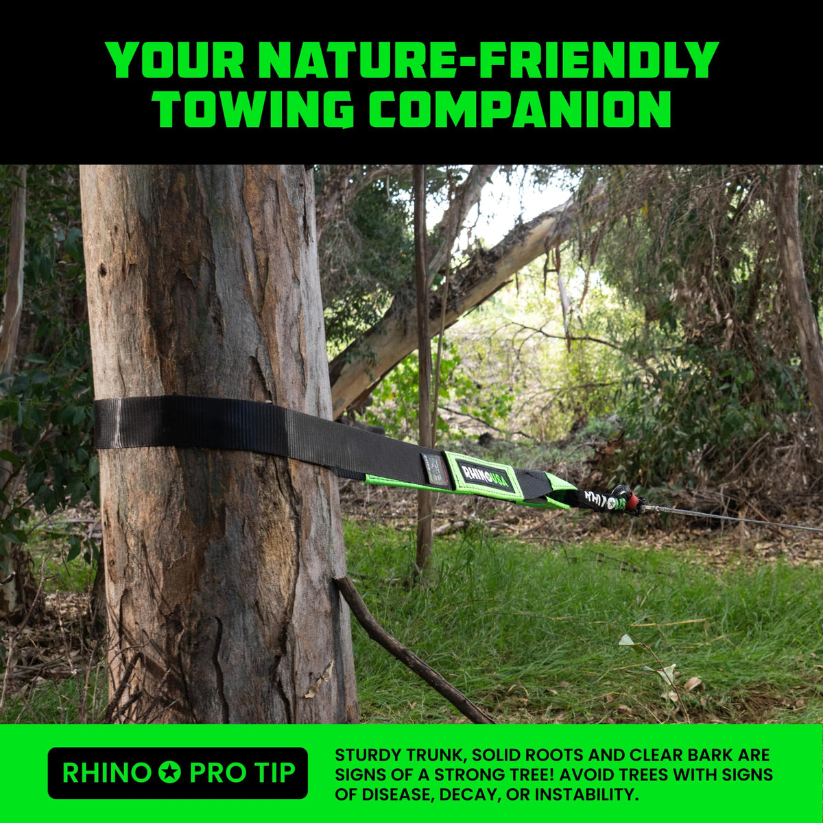 Rhino USA strap beside ruler for scale, shows 4-inch width and compact rolled length
