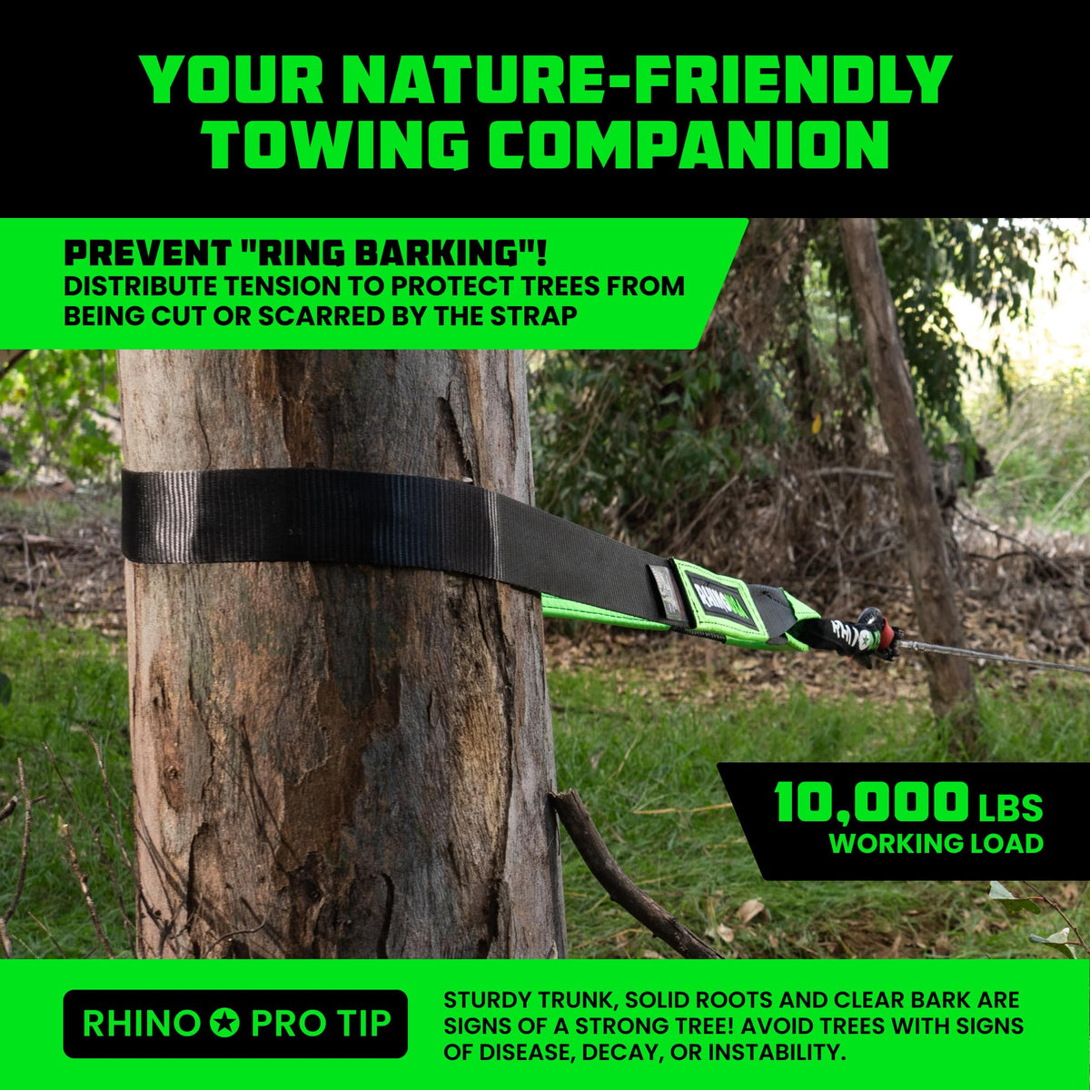 Rhino USA strap beside measuring tape showing 8-foot length and scale benefit