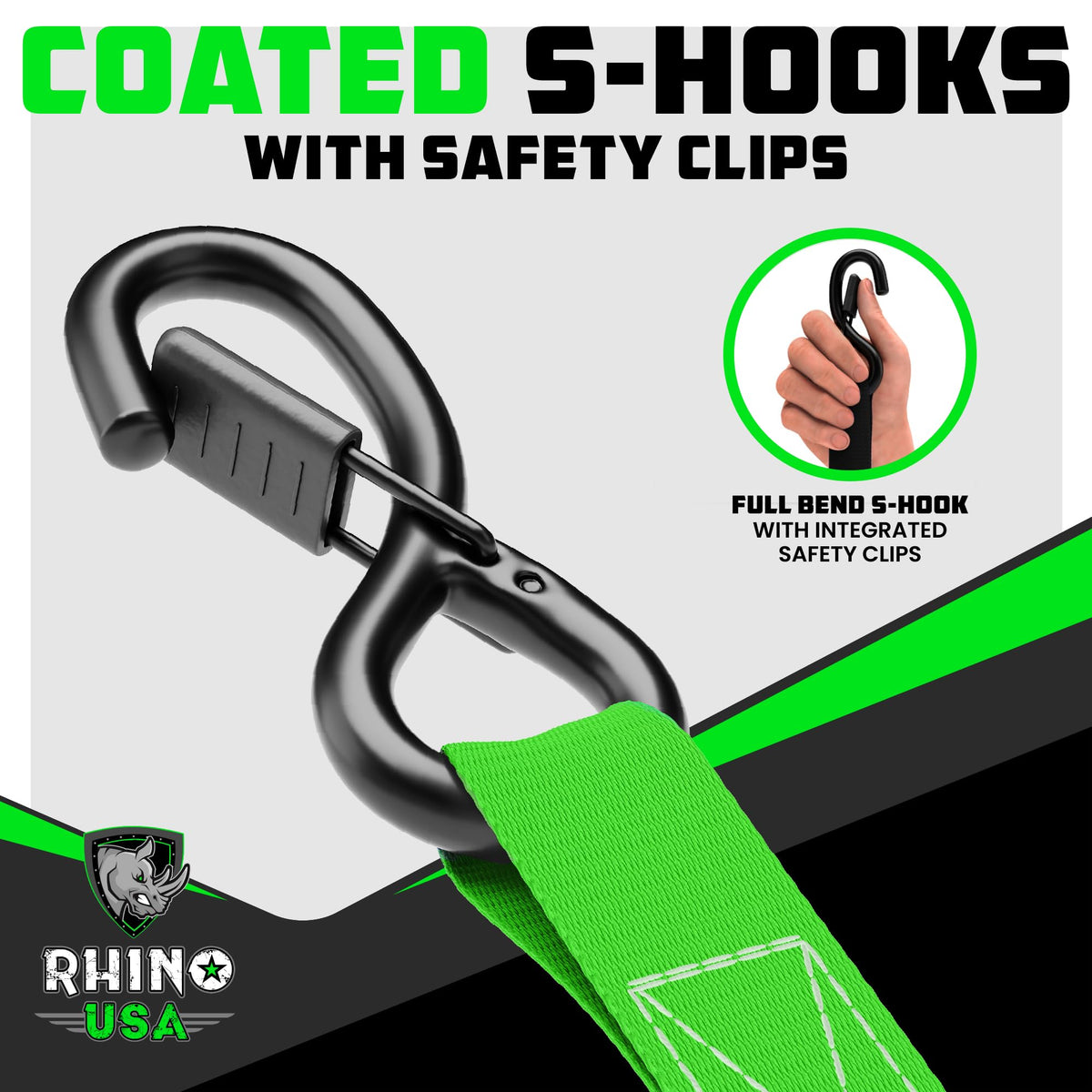 Rhino USA webbing texture and label showing durable weave and product sizing
