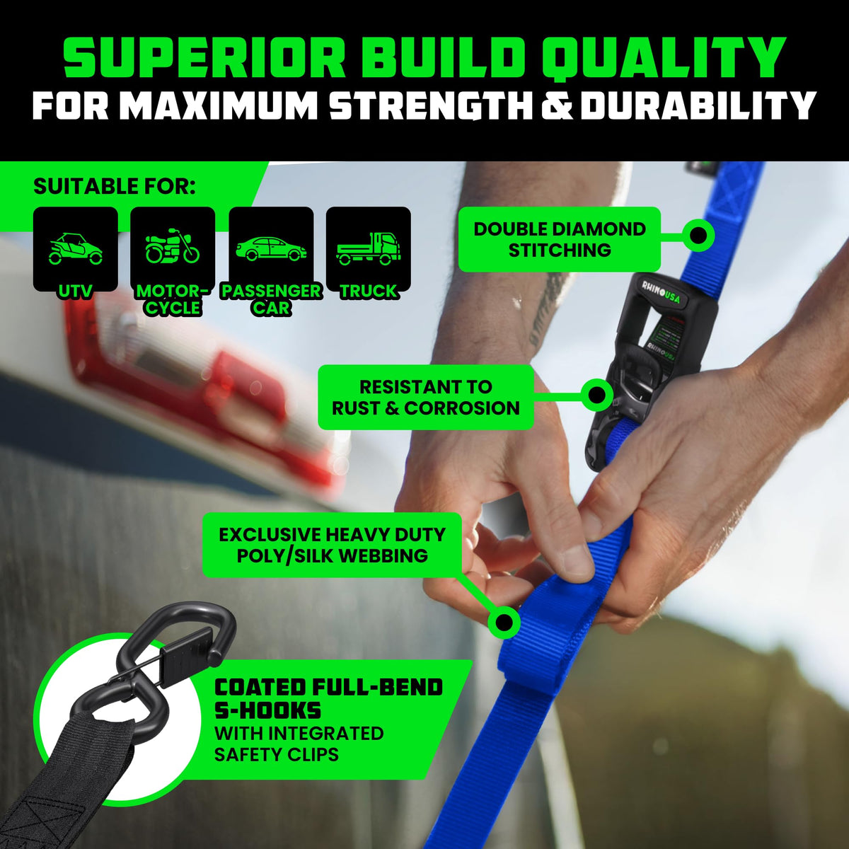 Rhino USA zinc ratchet detail illustrating corrosion-resistant metal and strong grip