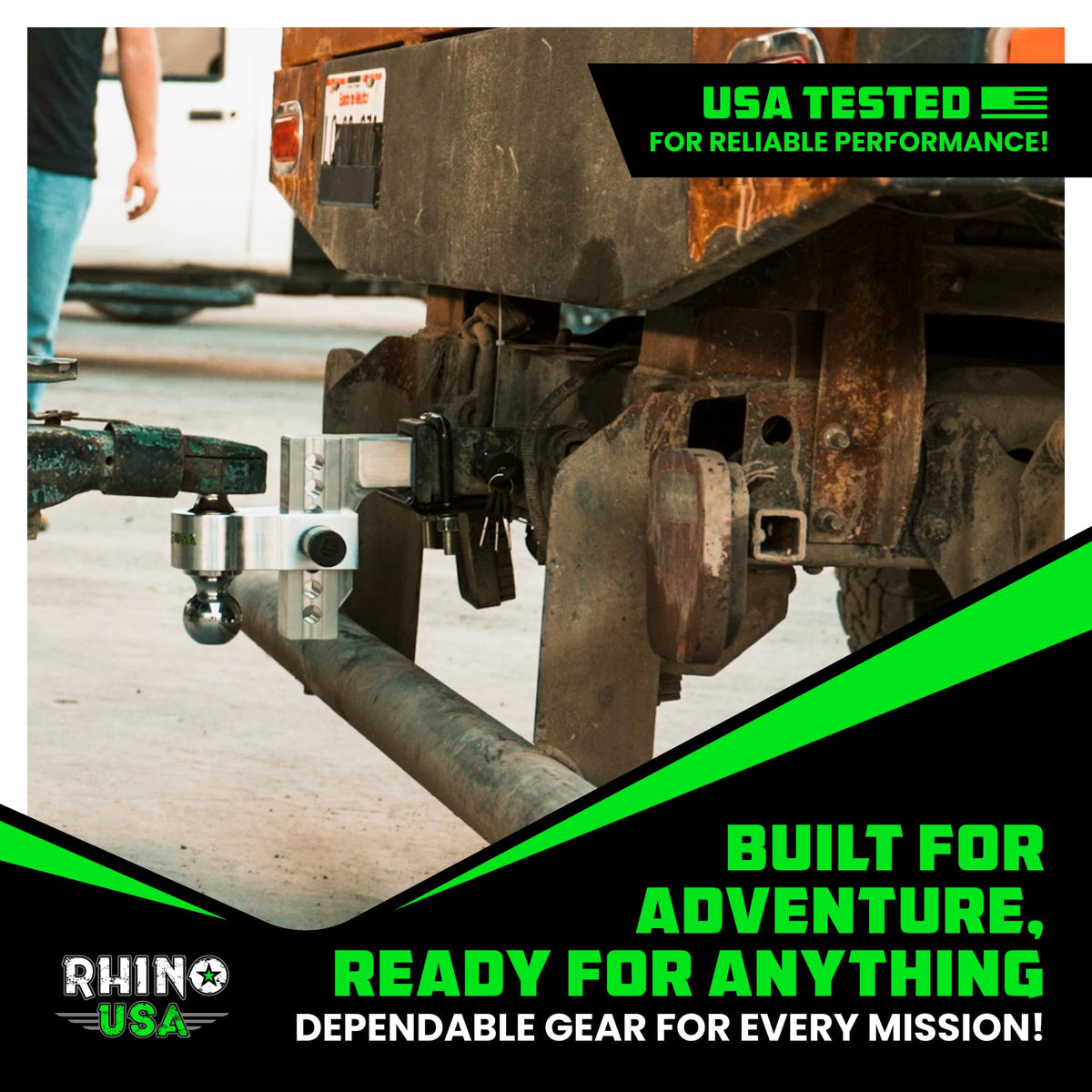 Rhino USA lifestyle shot with cargo rack attached showing steadier towing